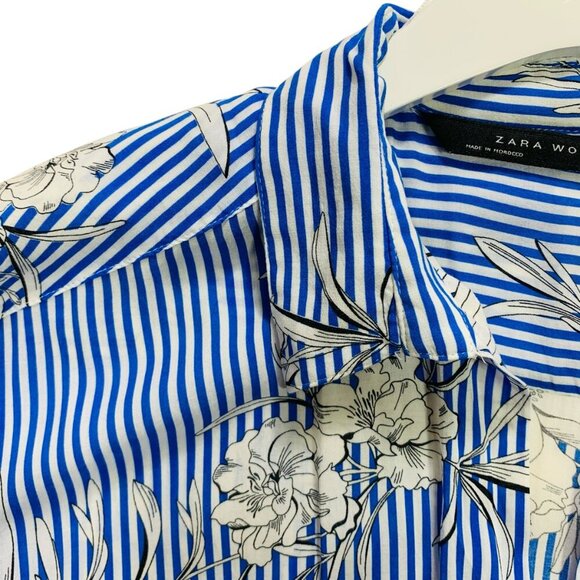 Zara  Women's blouse top  Blue White Stripe Floral Flowy Blouse size med - Picture 8 of 15